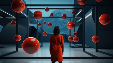 Wall Mural - A woman in a red dress is looking at red balls. Generative AI image.