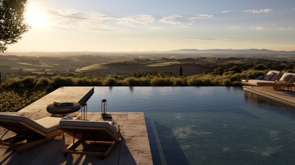 Naklejka na meble Infinity pool that appears to merge with the horizon, offering stunning views of the Italian countryside. Include a sun deck and a poolside bar for ultimate relaxation
