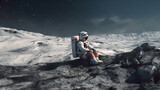 Fototapeta  - Astronaut sits on a Moon surface, Astronaut Relaxing on the Moon, illustration for product presentation template, copy space
