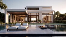 Modern Villa That Seamlessly Blends Italian Architectural Elements With Contemporary Design, Incorporating Features Such As Arched Windows, Terracotta Accents, And A Sleek Minimalist Aesthetic