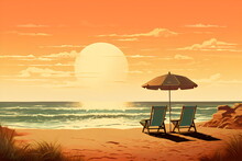 Deckchairs On Beach With Copy Space, Orange Vintage Travel Postcard Style Illustration Made With Generative Ai