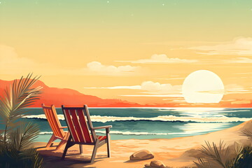 deckchairs on beach with copy space, vintage travel postcard style illustration made with generative ai