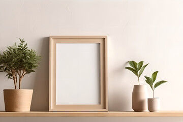 Wall Mural - Scandinavian room interior with mock up photo frame on the brown bamboo shelf with beautiful plants. Interior poster mockup with vertical wooden frame in home interior background.