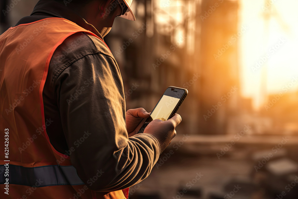 Worker Using Smartphone Worker with smartphone at construction site, Generative AI Stock ...