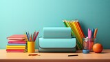 Fototapeta  - School desk with school accessory and backpack, back to school on isolated background