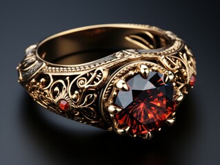 Canvas Print - An ornate gold ring with a red jewel in the shape of a skull. The jewel glows. Fantasy Concept Art.