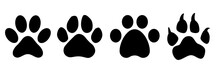 Paw Print Set. Paw Foot Trail Print Of Animal. Dog, Cat, Bear, Puppy Silhouette