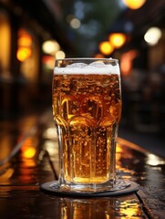 Poster - A freshly poured of beer in a cold pint glass sitting on a bar counter top, setting is a dimly lit bar with faint down lighting and an unfocused background.