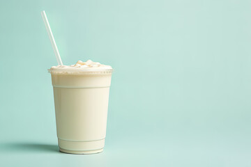 Vanilla milkshake in plastic takeaway cup isolated on pastel background with copy space