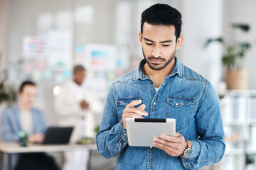 Poster - Tablet, web design and man developer typing and working startup website development for the web or internet. Office, technology and businessman planning online proposal for a company app strategy