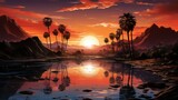 Fototapeta  - Desert Oasis Glow Sunset Sunrise with Palm Trees and Reflecting Pool
