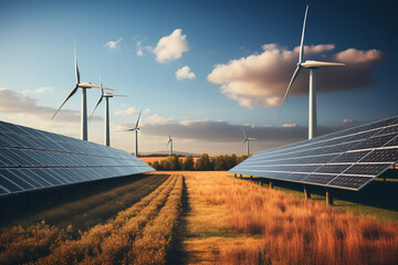 Solar panels and wind turbines in the background