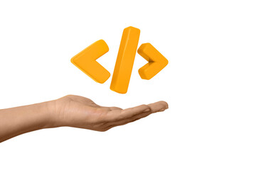 Programming 3d render code icon.  Programming code symbol in hand isolated on transparent background, Coding or Hacker background. Development and software concept.