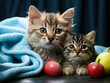 In a delightful moment captured on a blue background, a wet Pug puppy and a fluffy cat, freshly bathed, are wrapped in a towel. The cute dog and the gray tabby kitten,Generative AI..