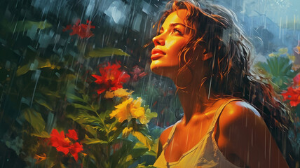 Wall Mural - girl gets wet in the rain