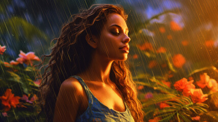 Wall Mural - girl gets wet in the rain