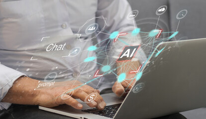 Aufkleber - Chat AI concept, People using computer Side view typing on laptop keyboard Chat with AI or Artificial Intelligence. 