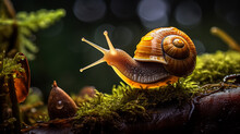 Macro Photo Of Snail On Mossy Wood In Rainy Forest