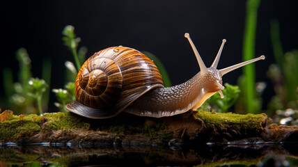 Wall Mural - Macro photo of snail on mossy wood in rainy forest