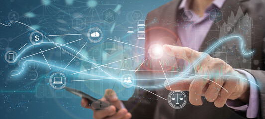 Leinwandbilder - Global business, digital technology, social media marketing concept. Business man using digital tablet computer with global internet connection and smart city, business intelligence, data science