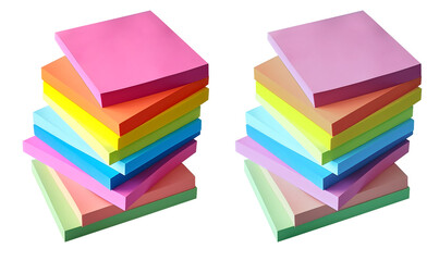 Stack of colourful of sticky post-it note paper . Many assorted different colours isolated on transparent background cutout. PNG file. 3D rendering