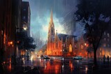 Fototapeta Nowy Jork - Church in the foggy city street. 3d render illustration.