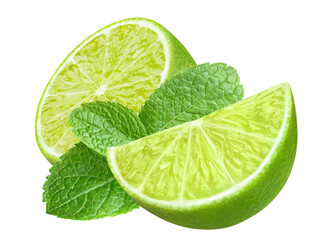 Canvas Print - Delicious lime fruits with mint leaves, cut out