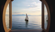  a sailboat is seen through an open window on the water.  generative ai