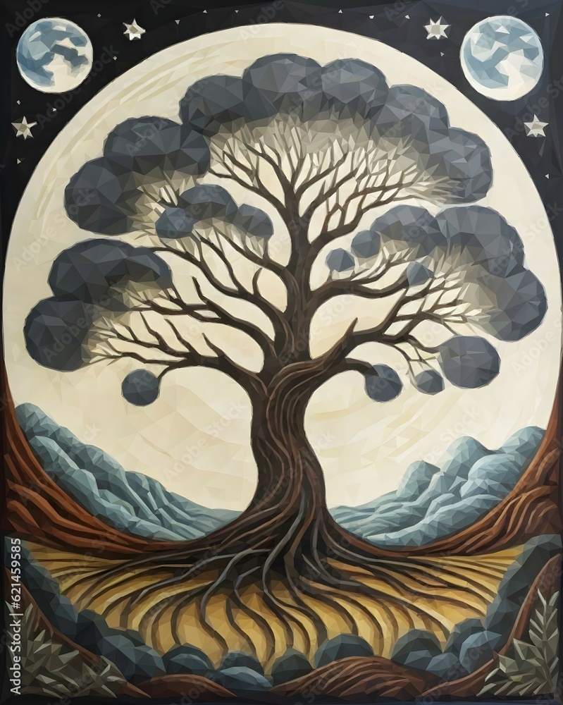 landscape with moon. A painting of a tree with the moon in the ...
