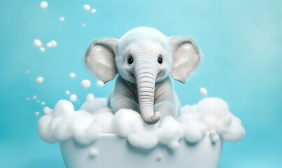 Poster -  a baby elephant is sitting in a bathtub with bubbles.  generative ai