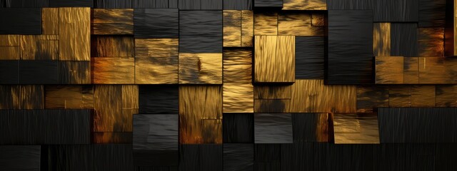 Poster - Abstract dark geometric luxurious noble gold black 3d texture wall with squares and rectangles background banner illustration, textured wallpaper  (Generative Ai)