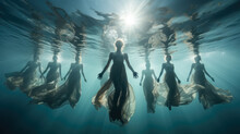 Fantasy Scene With A Woman In The Water. Underwater Swimming. Background