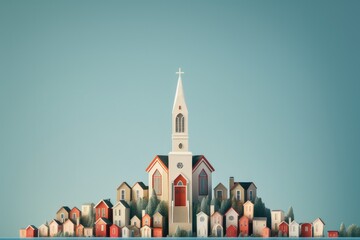 Wall Mural - Town with Church and houses. 3D illustration.