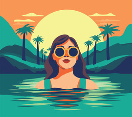 Wall Mural - Vector illustration in a flat style. Girl in the sea. girl in the water. Vector simple graphics, flat style. girl on vacation. Tourist travel. Seascape