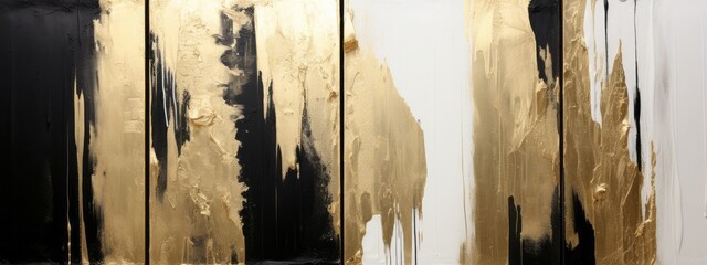 Aufkleber - Closeup of abstract rough white gold black art painting texture, with oil acrylic brushstroke, pallet knife paint on canvas, geometric spatula technique with rectangles (Generative Ai)