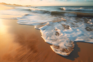 Wall Mural - Closeup sea sand beach. Panoramic beach landscape during sunset. Orange and golden sunset sky calmness tranquil relaxing sunlight summer mood