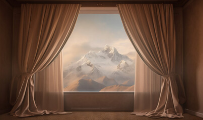 Canvas Print -  a window with a view of a snowy mountain outside of it.  generative ai