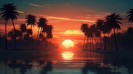 Canvas Print - Beautiful tropical beach with palm trees silhouettes at dusk Generative AI