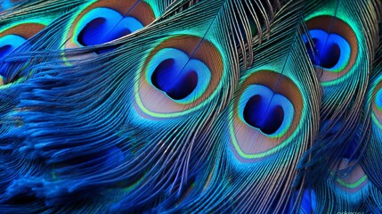 Wall Mural - Blue peacock feathers in closeup Generative AI