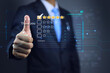 © AREE - Satisfaction assessment opinions from customers is important to improve quality of products services to better meet their need. Hand with thumb up and smiling, highest 5 rating satisfaction evaluation