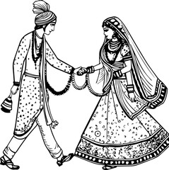 Indian Groom and Bride Black and White coloring page