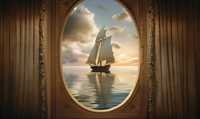 Poster -  a picture of a sailboat in the ocean through a window.  generative ai