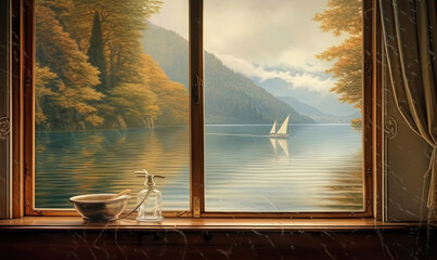 Poster -  a painting of a lake with a sailboat out of a window.  generative ai