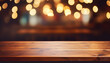© PrettyStock - Empty wooden table platform and bokeh blurred lights background. Ideal for product display. Generative AI.