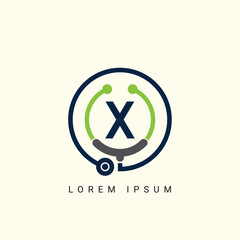 Wall Mural - Letter X with Stethoscope Logo Concept sign icon symbol Design. Medical Health care Logotype. Vector illustration template