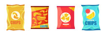 Set Of Colorful Potato Chips In Cartoon Style. Vector Illustration Of Snacks With Different Sauces And Flavors On White Background