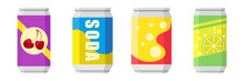 Soda In Colored Aluminum Cans Set Icons Isolated On White Background. Soft Drinks Sign. Carbonated Non-alcoholic Water With Different Flavors. Drinks In Colored Packaging. Vector Illustration