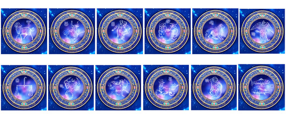 Wall Mural - all twelve zodiac signs in gold wheel with animal symbols like astrology concept with AI elements Aries, Pisces, Taurus, Gemini, Cancer, Lion, Virgo, Libra, Scorpion, Sagittarius, Capricorn, Aquarius