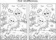 Difference game and coloring page activity with kite and balloon friends flying outdoor
