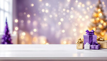 Christmas Background With White Table, Christmas Gifts And Tree With Copy Space